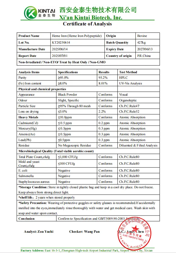 Kintai Heme iron powder COA