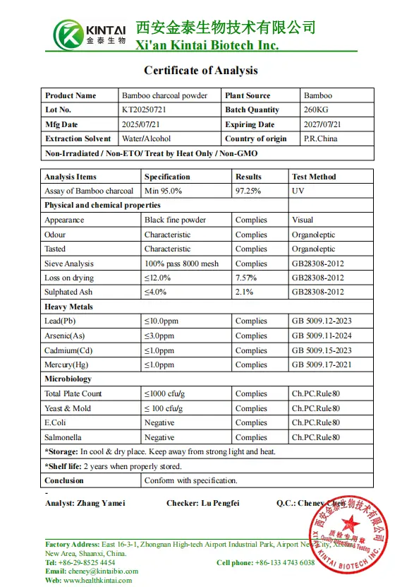 COA of KINTAI Bamboo Charcoal Powder
