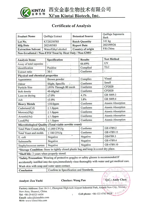 Quillaja Saponaria Soap Bark Extract COA