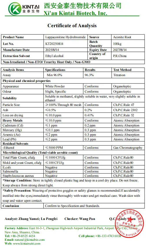 KINTAI Lappaconitine Hydrobromide COA KINTAI Lappaconitine Hydrobromide COA