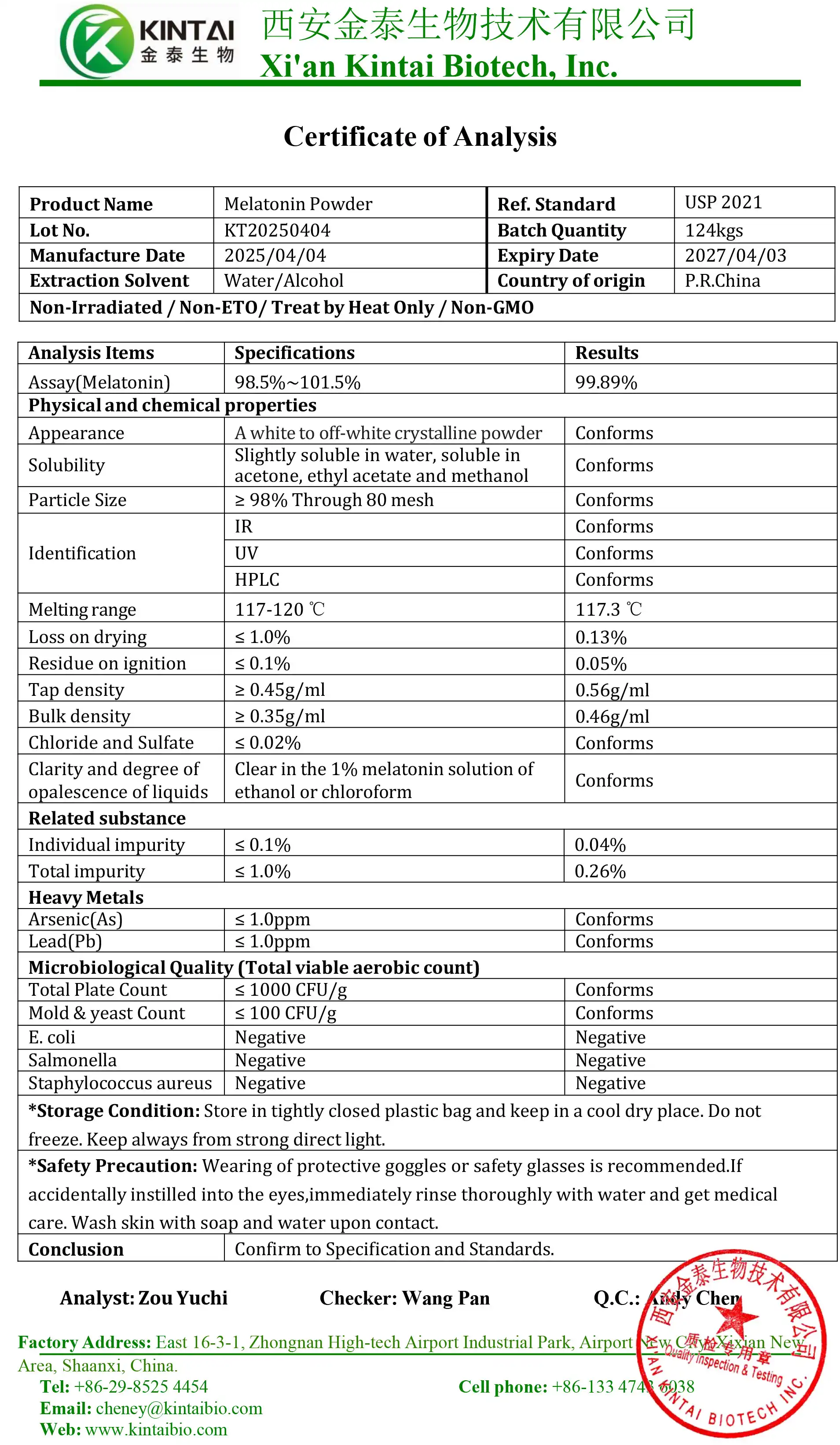 COA of Pure Bulk Melatonin COA of Pure Bulk Melatonin