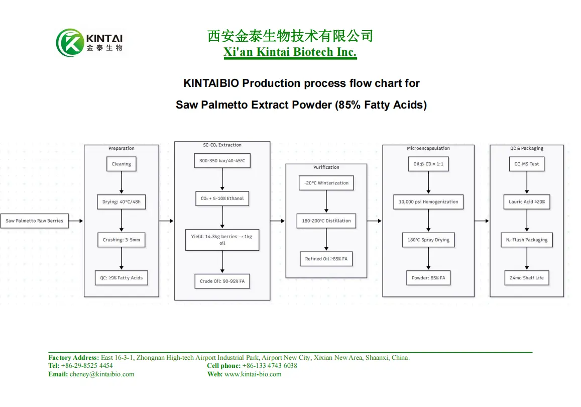 KINTAIBIO Production process flow chart for Saw Palmetto Extract Powder KINTAIBIO Production process flow chart for Saw Palmetto Extract Powder