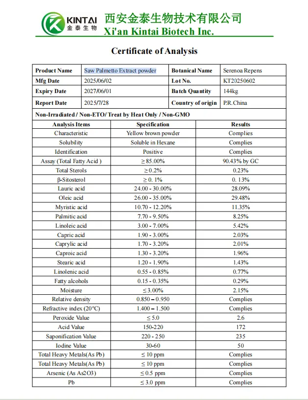 COA of Saw Palmetto extract powder